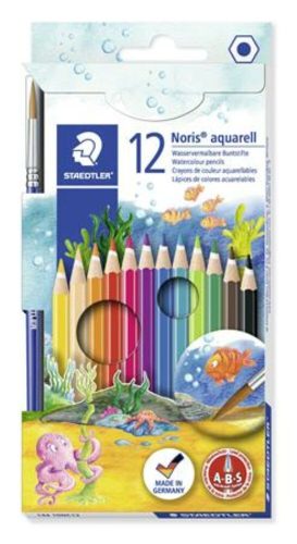 Akvarell ceruza készlet, hatszögletű, ecsettel, STAEDTLER Noris® aquarell 144 10, 12 különböző szín (TS14410NC12)
