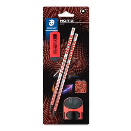 Grafitceruza készlet, hegyezővel, radírral, HB, STAEDTLER Norix® 181, korall piros (TS181SBK22)