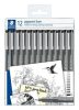 Tusfilc készlet, 12 különböző vonalvastagság, STAEDTLER Pigment Liner 308, fekete (TS3089TB12)