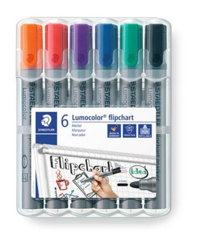 Flipchart marker készlet, 2 mm, kúpos, STAEDTLER Lumocolor 356, 6 különböző szín (TS356WP6)