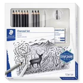   Grafit- és szénceruza készlet, kiegészítőkkel, 12 darabos, STAEDTLER Mars&reg; Lumograph&reg; 100C (TS61100C)