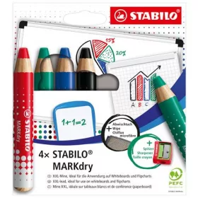   Táblaceruza készlet, fehértáblához, flipchartpapírhoz kúpos, STABILO MARKdry, 4 féle szín törlővel és hegyezővel (TS64845)
