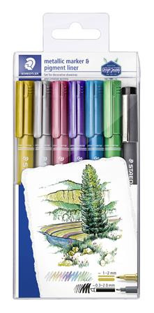 Dekormarker, 1-2 mm, kúpos, STAEDTLER 8323, 6 különböző metál szín, ajándék fekete tusfilccel (TS8323SWP6P)