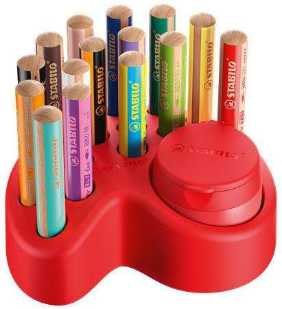 Színes ceruza készlet asztali tartóban, kerek, vastag, STABILO Woody 3 in 1, 15 különböző szín, hegyezővel (TS8801501)