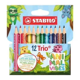   Színes ceruza készlet, háromszögletű, vastag, STABILO Trio Thick Short Animal Vibes, 12 különböző szín (TST2051205)