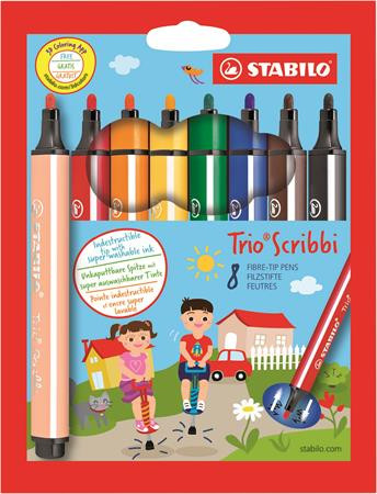Filctoll készlet, 1,5-2 mm, rugós hegy, STABILO Trio Scribbi, 8 különböző szín (TST368803)