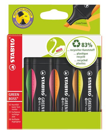 Szövegkiemelő készlet, 2-5 mm, STABILO Green Boss, 4 különböző szín (TST60704)