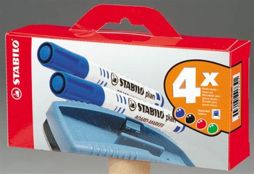 Táblamarker készlet, 2,5-3,5 mm, kúpos, szivaccsal, STABILO Plan, 4 különböző szín (TST6414PM)