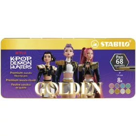   Filctoll készlet, metál, fémdobozos, 1 mm, STABILO Pen 68 Metallic K-Pop démonvadászok, 8 különböző metál szín (TST6808833)