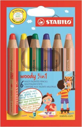Színes ceruza készlet, kerek, vastag, STABILO Woody 3 in 1, 6 különböző szín (TST8806)