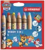 Színesceruza készlet, kerek, vastag, hegyezővel, STABILO Woody 3 in 1, Mancs őrjárat, 6 különböző szín (TST88068)
