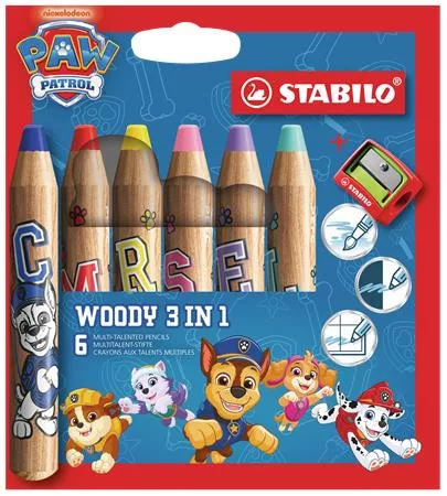Színesceruza készlet, kerek, vastag, hegyezővel, STABILO Woody 3 in 1, Mancs őrjárat, 6 különböző szín (TST88068)