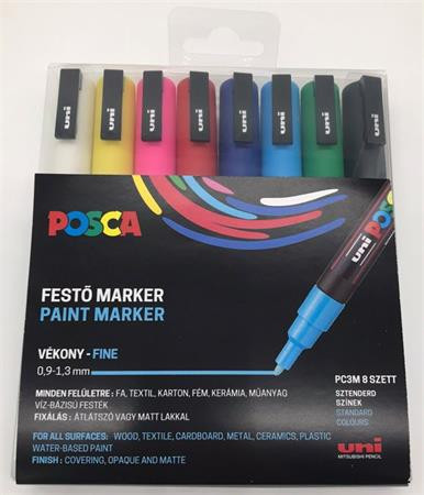 Dekormarker készlet, 0,9-1,3 mm, UNI Posca PC-3M, 8 különböző szín (TUPC3M8DB)