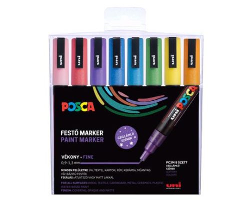 Dekormarker készlet, 0,9-1,3 mm, UNI Posca PC-3ML, 8 különböző csillogó szín (TUPC3MLCSKL)