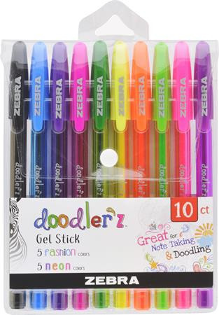 Zseléstoll készlet, 0,33 mm, kupakos, ZEBRA Doodler'z Neon & Fashion, 10 vegyes szín (TZ02618)