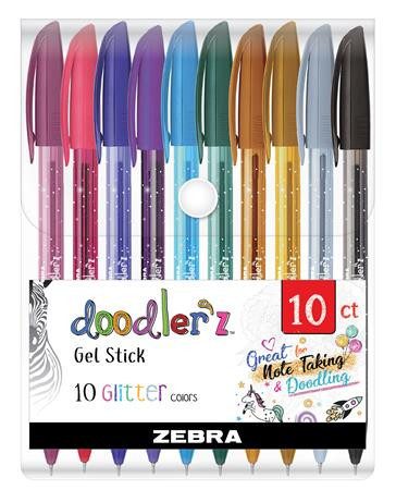 Zseléstoll készlet, 0,33 mm, kupakos, ZEBRA Doodler'z Glitter, 10 csillogó vegyes szín (TZ02619)