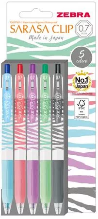 Zseléstoll készlet, 0,33 mm, nyomógombos, csíkos test, ZEBRA Sarasa Clip Pastel, 5 különböző pasztell szín (TZ13989)