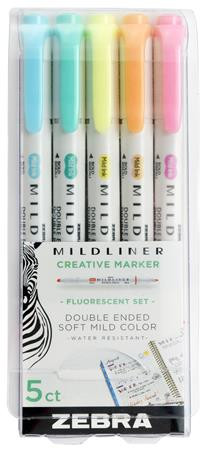 Szövegkiemelő készlet, 1,4/4,0 mm, kétvégű, ZEBRA Mildliner Fluorescent, 5 szín (TZ78105)