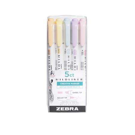 Szövegkiemelő készlet, 1,4/4 mm, kétvégű, ZEBRA Mildliner Highlighter Gentle, 5 különböző szín (TZ78705)