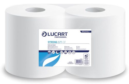 Törlőkendő, tekercses, belső adagolású, 2 rétegű, LUCART, Strong 675 CF, hófehér (UBC25)