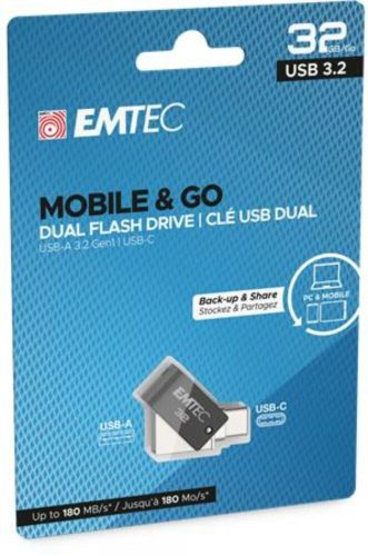 Pendrive, 32GB, USB 3.2, USB-A bemenet/USB-C kimenet, EMTEC T260C Dual (UE32GD)