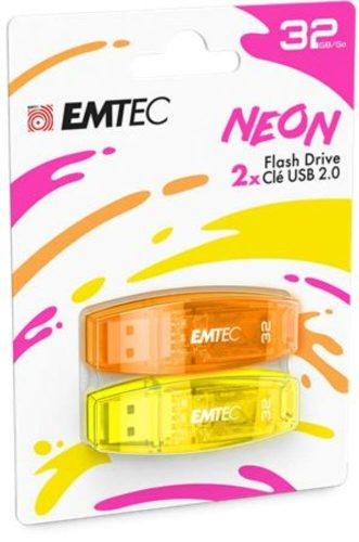 Pendrive, 32GB, 2 db, USB 2.0, EMTEC C410 Neon, narancs és citromsárga (UE32GN2)