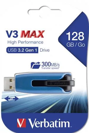 Pendrive, 128GB, USB 3.2, 175/80 MB/s, VERBATIM V3 MAX, kék-fekete (UV128GSM)