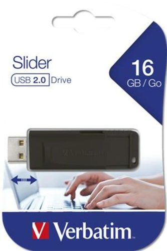 Pendrive, 16GB, USB 2.0, VERBATIM Slider, fekete (UV16GSF)