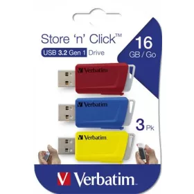   Pendrive, 3 x 16GB, USB 3.2, 80/25MB/sec, VERBATIM Store n Click, piros, kék, sárga (UV16SC3)
