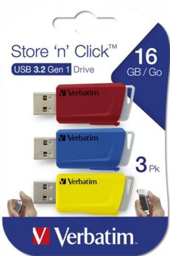Pendrive, 3 x 16GB, USB 3.2, 80/25MB/sec, VERBATIM Store n Click, piros, kék, sárga (UV16SC3)