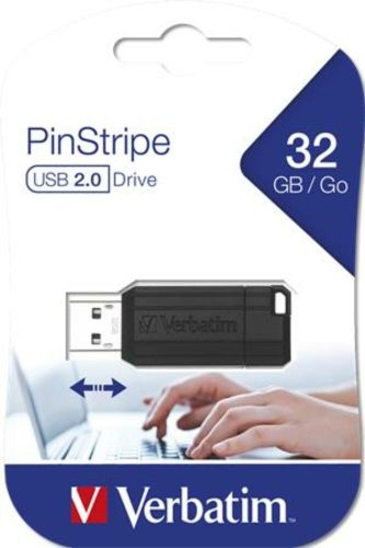 Pendrive, 32GB, USB 2.0, 10/4MB/sec, VERBATIM PinStripe, fekete (UV32GPF)