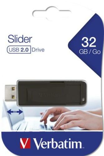 Pendrive, 32GB, USB 2.0, VERBATIM Slider, fekete (UV32GSF)