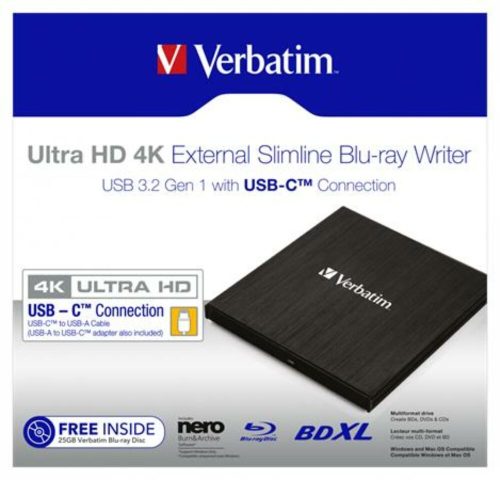 Blu-ray író, (külső meghajtó), 4K Ultra HD, USB 3.1 GEN 1 USB-C, VERBATIM Slimline (V43888)