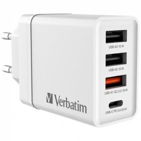   Hálózati töltő, 1xUSB-C PD (20W), USB-A QC 3.0, 2xUSB-A (10W), VERBATIM, fehér (VT49701)
