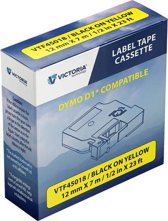 Feliratozógép szalag, 12 mm x 7 m, VICTORIA TECHNOLOGY, sárga-fekete (VTF45018)