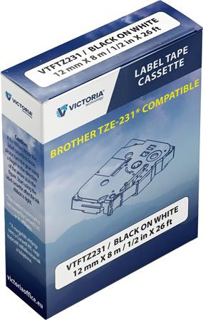 Feliratozógép szalag, 12 mm x 8 m, VICTORIA TECHNOLOGY, fehér-fekete (VTFTZ231)