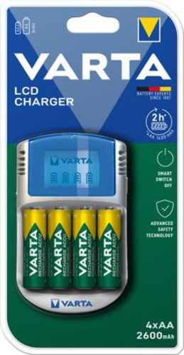 Elemtöltő, AA ceruza/AAA mikro, 4x2600 mAh AA, LCD kijelző, 12V USB, VARTA (VTL06)