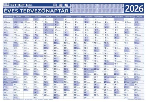 Éves tervező és projekt naptár, kétoldalas, fémléces, kék színű filctollal, 70x100 cm, 2027 évi, STIEFEL (VTPOSNAP)