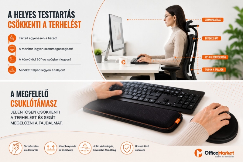Ergonomikus munkaállomás beállítása – helyes testtartás Ergonomikus munkaállomás infografika helyes testtartás székbeállítás monitorporzíció billentyűzet egér csuklótámasz
