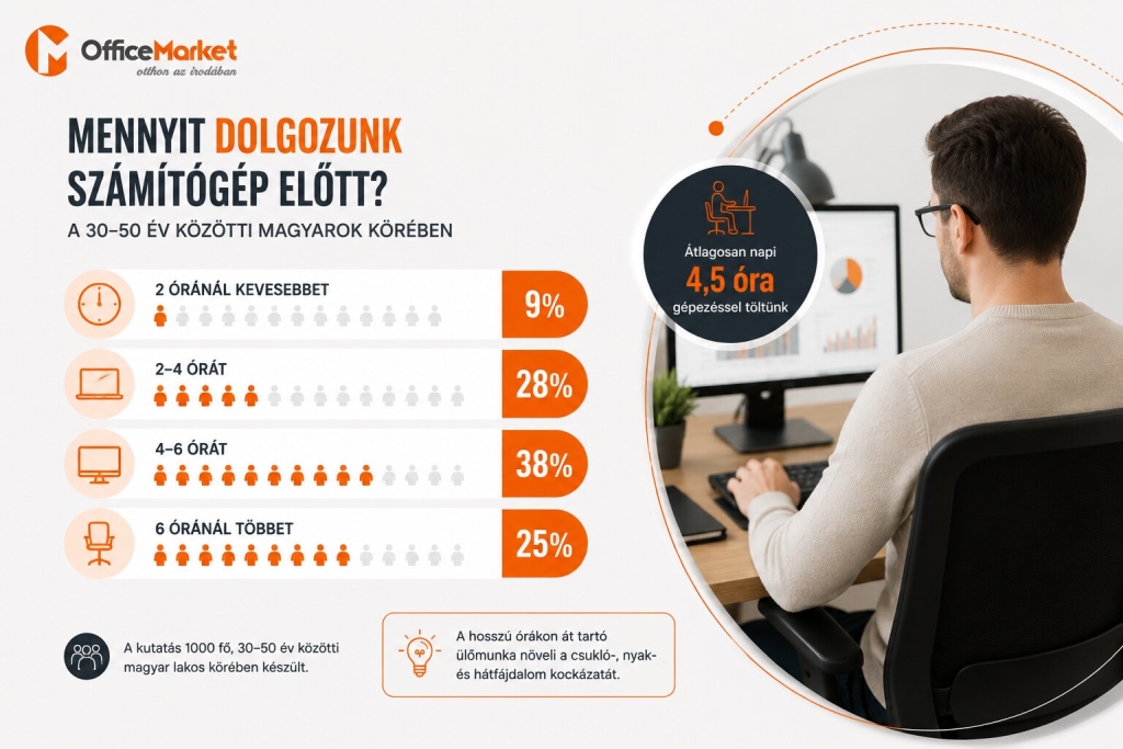 Mennyit dolgoznak a magyarok számítógép előtt? – Ergonomikus munkavégzés Infografika arról, hogy a 30–50 év közötti magyarok naponta mennyi időt töltenek számítógép előtt. A grafika statisztikákat, százalékos adatokat és ergonomikus munkavégzéssel kapcsolatos vizuális elemeket mutat be OfficeMarket arculattal.