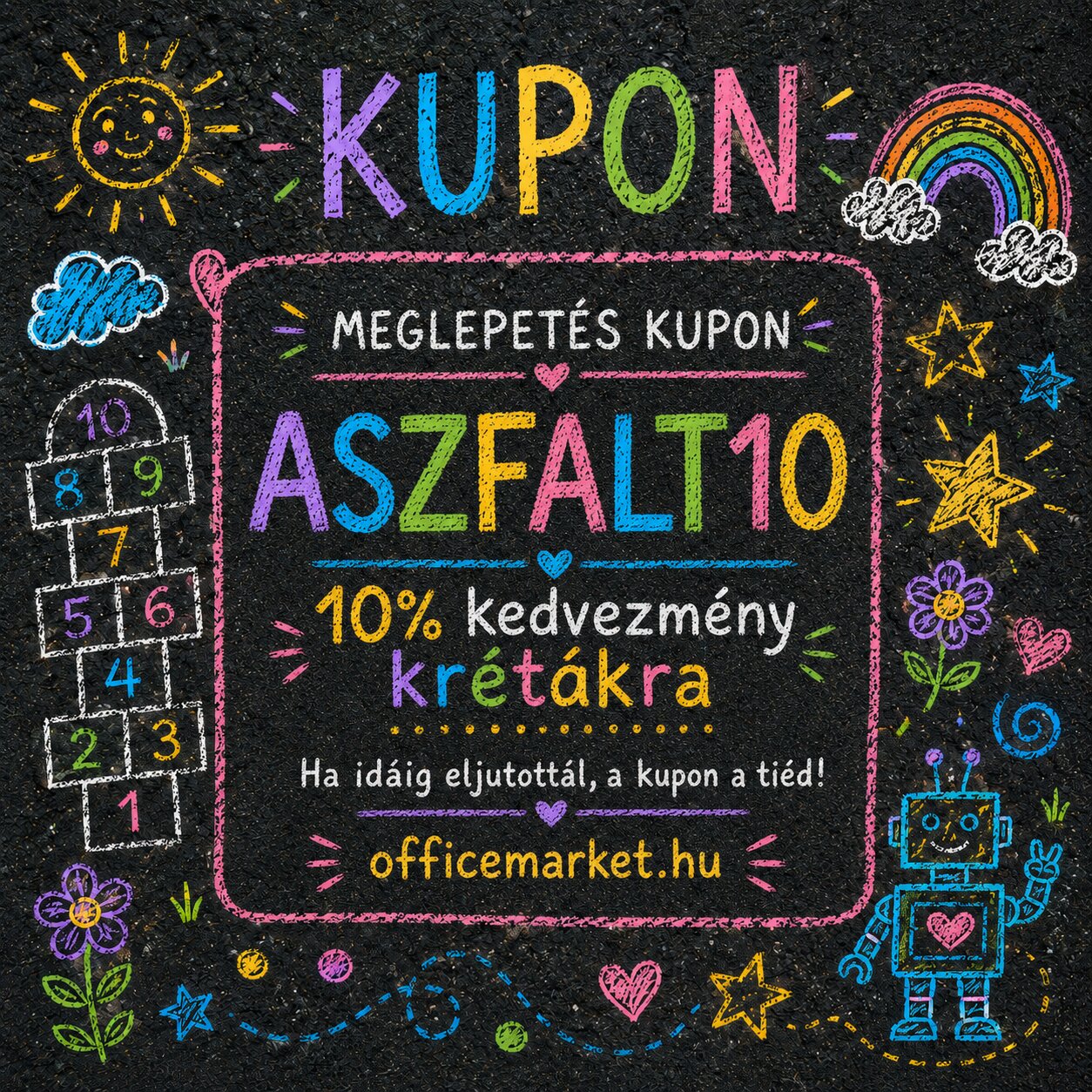 Meglepetés kupon aszfaltkrétához Színes aszfaltkrétás kuponkép ASZFALT10 kuponkóddal, 10% kedvezménnyel krétákra az OfficeMarket.hu webáruházban